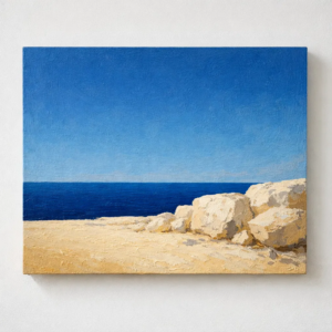 Pintura acrílica con textura sobre lienzo de costa mallorquina con piedra marès y mar mediterráneo azul intenso, obra de Bernat Llull