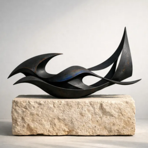 Escultura abstracta en hierro pintado negro sobre base de piedra marés mallorquín, obra de Pau Vidal