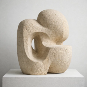 Escultura abstracta en piedra caliza mallorquina tallada a mano representando resiliencia en formas suaves y continuas, obra de Tomàs Ferrà