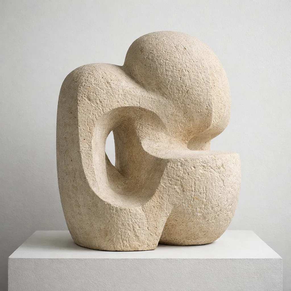 Escultura abstracta en piedra caliza mallorquina tallada a mano representando resiliencia en formas suaves y continuas, obra de Tomàs Ferrà