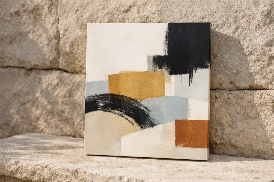 Pintura abstracta original sobre lienzo apoyada en piedra marès — La Gabellina
